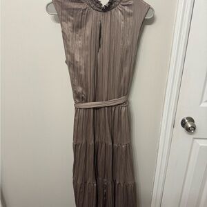 Elle Pleated Taupe Maxi Dress with Waist Tie